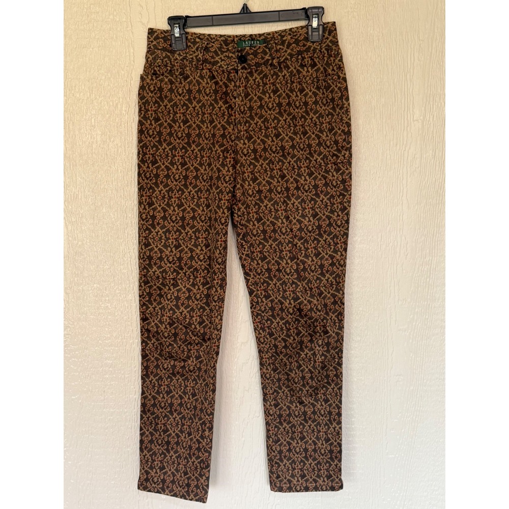 Lauren Ralph Lauren Women 4 Brown Damask Tapestry Print Slim Ankle Pants Cotton